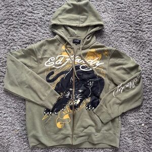 ed hardy olive green panther zip up hoodie